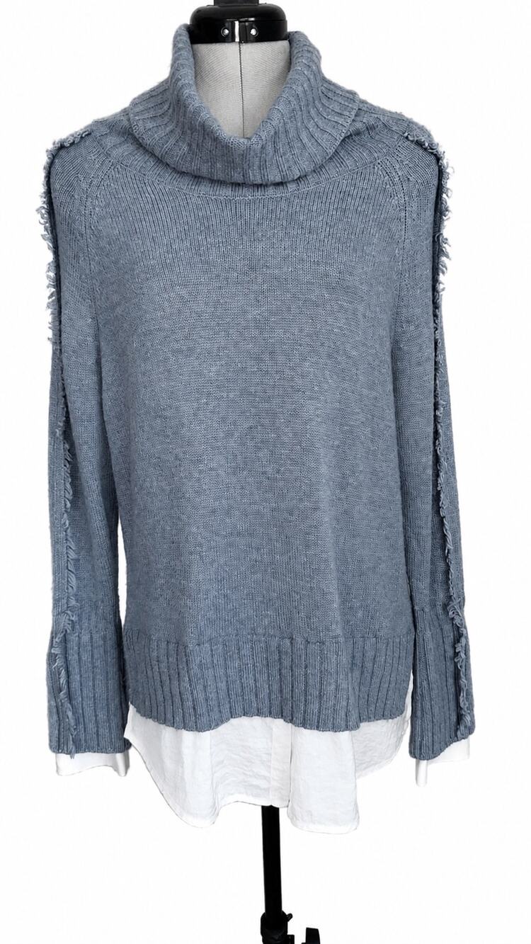 Brochu Walker Gray Cowl Neck Layered Sweater with Raw Edge Detail